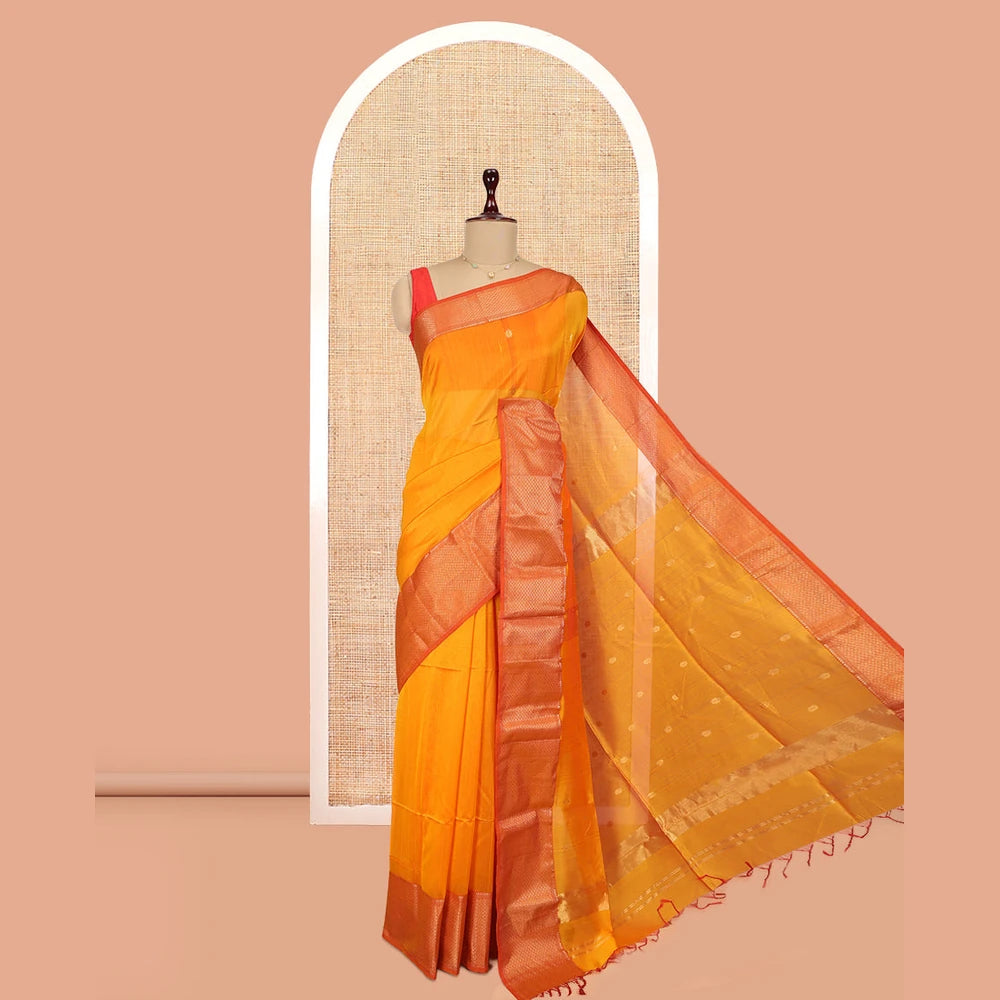 Pothys Orange Zari Buttas Maheshwari Cotton Saree, a Contrast Traditional Zari Border, Pallu of Zari Buttas, and a Matching Blouse